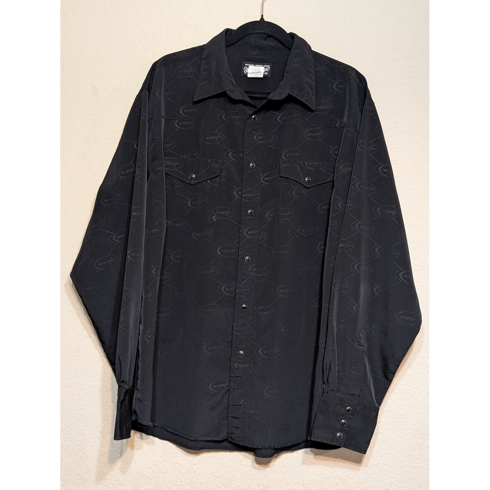 Wrangler Western Pearl Snap Shirt Cowboy Rodeo Monogram AOP Long Sleeve Black XL